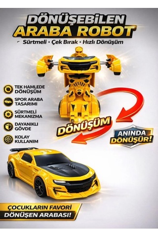 Robota Dönüşen Araba - Tek Hamlede Otomatik Dönüşüm, Sürtmeli Mekanizma Sarı Spor Araba Robot Oyuncak