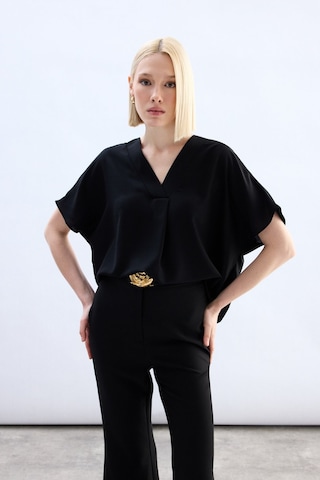 Sateen Geniş Kısa Kollu Bluz - Siyah-136758 Siyah