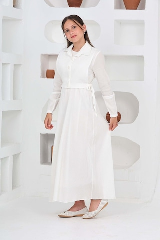 Kız Çocuk Uzun Boy Gofre Kumaş Jile & Elbise İki Parça Takım Astarlı Zarif Set-4948 Ekru