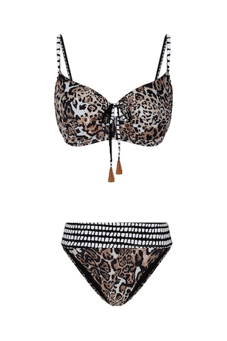 Bonesta Ozero Kahve Leopar Desenli Büzgülü Balenli Bikini Takımı Leopar