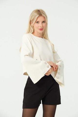 Düğme Detay Crop Bluz Beyaz BEYAZ Beyaz