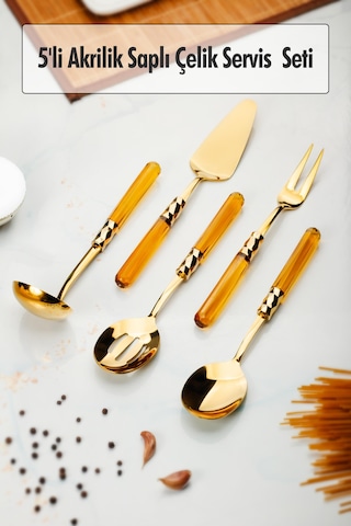 5 Parça Gold Servis Seti & Servis Sunum Seti Amber Kepçe / Kevgir / Sıpatula / Çatal / Kaşık