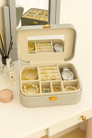 Deri Seyahat Takı Bijuteri Mücevher Kutusu Organizer Düzenleyici 20cm Gri İthal Ürün