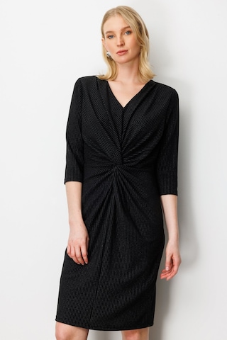 Önü Büzgülü Simli Midi Elbise Ekol Siyah