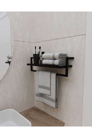 Aju Havluluk Siyah Duvara Monte Raf Aksesuarlık Şal Askılığı Banyo Mutfak Düzenleyici Çok Amaçlı Raf Siyah