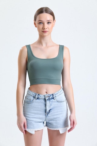 Yeşil Fitilli Kare Yaka Esnek Örme Crop Büstiyer Atlet Haki