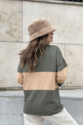 Kadın Haki Uzun Kol, Dik Yaka, Fermuarlı, Double Color Block Basic Sweatshirt Bluz Haki