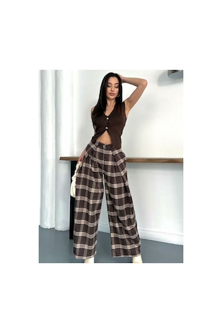 Asur Boutique Asur Butik Kadın Fular Detaylı Ekose Pantolon Kahverengi