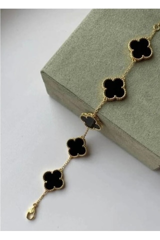 Gold Siyah Doğal Taşlı Premium Çelik Bileklik Gold