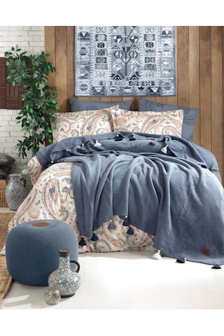 Boho Chic Çift Kişilik Püsküllü Battaniyeli Nevresim Seti - Cobal