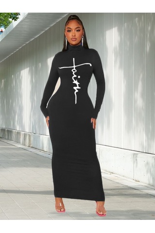 Nnstartshopping Kadın Uzun Kollu Boğazlı Baskı Detaylı Viskon Tam Boy Elbise Siyah
