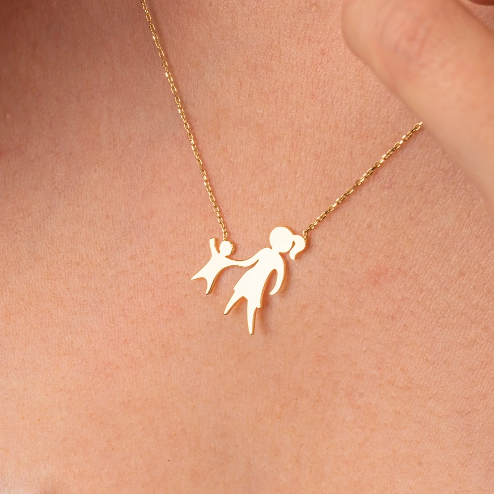 Gümüş Kolye - Anne Kız 925 Ayar Gümüş Kolye Sarı