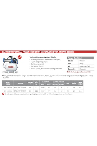 Etna Yph 90-50 Ws 50 Lt. Tanklı Hidrofor 12 Kat - 24 Daire - 2,3 Hp