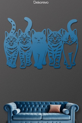 Kedi Çetesi Beşli Kedi Silüeti Metal Duvar Dekoru - Metal Duvar Sanatı - Mavi - 75 X 50 Cm