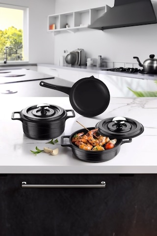 Smart Baby Series 5 Parça Mini Döküm Tencere Seti Siyah 14 Cm Fırın&Ocak Uyumlu