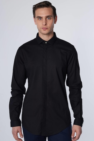Tudors Slim Fit Uzun Kollu Dar Kesim Gizli Pat Pamuklu Siyah Erkek Gömlek-30960-siyah Siyah