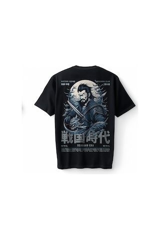 Bumeta Sengoku Era Japon Samuray Baskılı Oversize Unisex Tişört T-shirt Siyah