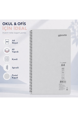 Mynote Flex Pastel A4 60 Yaprak 60 Gr Spiralli Kareli Defter Gri