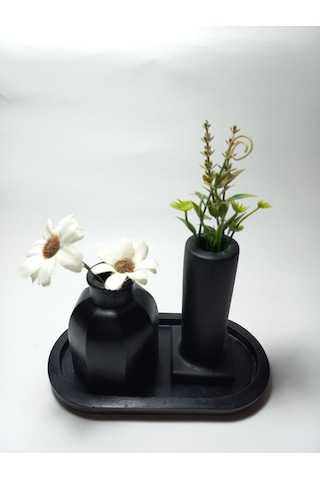 Tabaklı Dekoratif İkili Vazo Set Siyah Siyah
