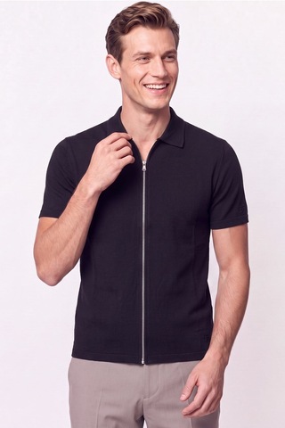 Efor Comfort Fit Rahat Kalıp Polo Yaka Fermuarlı Siyah Tişört Ts 930