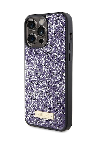 Apple Uyumlu iPhone 15 Pro Max Kılıf Guess Lisanslı Taşlı Arka Yüzey Metal Yazı Logolu Kapak Siyah
