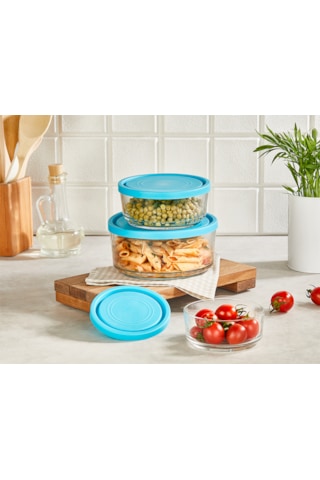 Glassco Kapaklı Cam Saklama Kabı Yuvarlak Mavi 450 CC 6 Adet Şeffaf