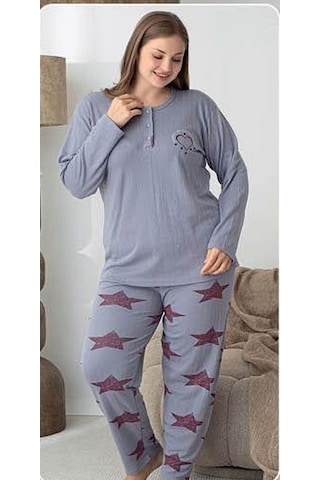 Lindros Kadın Pamuk'lu Düğme Yaka Raporlu İnterlok Kışlık Battal Pijama Takımı 05144 - 1 Adet Gri