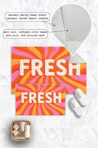 Fresh Yazılı Dijital Baskılı Yıkanabilir 2li Banyo Paspası 50x60-60x100 Turuncu