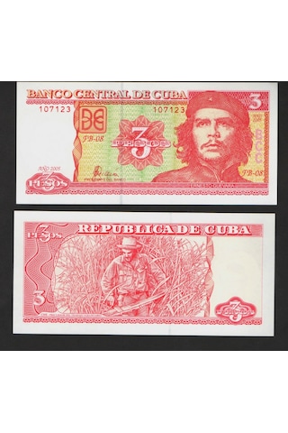 Küba, 3 Peso 2005 ,che Guevara Portreli, Eski Yabancı Kağıt Para "çil"