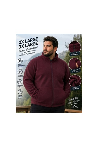 Givoria Büyük Beden Fermuarlı Polar Hırka Yumuşak Polar Ceket Bordo Bordo