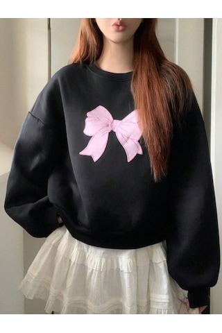 Startmore Block Bow Print Crew Neck Long Sleeve Black Sweatshirt,fall Clothes Çok Renkli
