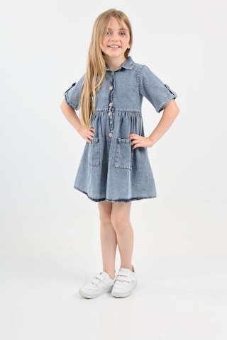 Kız Çocuk Çift Cepli/düğme Kapamalı Jean Elbise 12199 Mavi