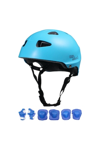 Mavi Erkek Çocuk Kaskı Spor Koruyucu Kask Dizlik Dirseklik Donanım Seti Kaykay Bisiklet Scooter Çok Renkli