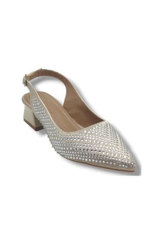Ceylan Shoes 125-26 Taşlı Parlak Saten Kısa Kare Topuk Kadın Ayakkabı 36-41 Bej