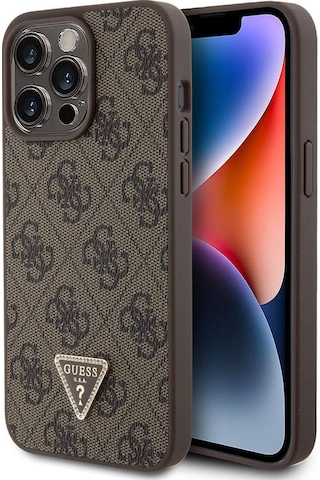 Apple Uyumlu iPhone 15 Pro Max Kılıf Guess Lisans Pu Deri Taşlı Üçgen Logo 4g Desen Strass Siyah