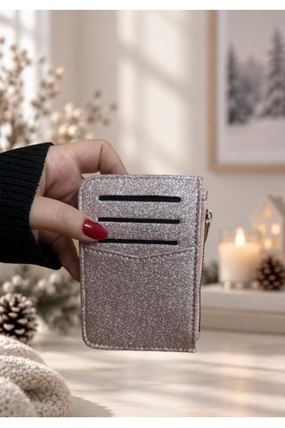 Elpida Bags Kadın Simli Işıltılı Dik Fermuarlı Kartlık Pembe