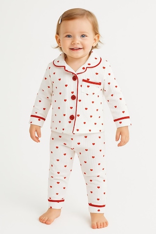 Kız Bebek Kalpli Pamuklu Pijama Takımı Uzun Kollu, 2 Li Set 08757 Beyaz