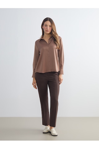 Lcwaıkıkı Classic Kahverengi Oversize Saten Kadın Gömlek