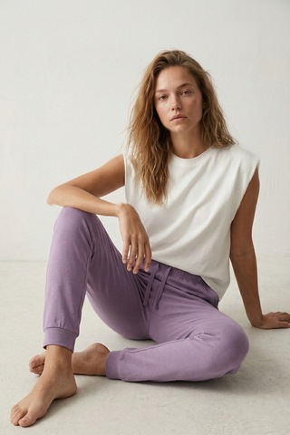 Elemge %100 Pamuk Compact Penye Süprem Kadın Pijama Altı Cepli Regular Fit Manşet Paça Esnek Terletmez Lila