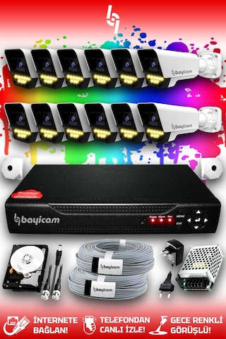 Bayicam 12 Kameralı Süper 12 Dış Kamera Set 320 GB 5 MP 2K Renkli Gece Görüşlü Güvenlik Kamerası Sistemi