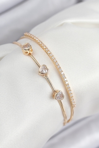 Pirinç Zirkon Taşlı Kalp Model Gold Renk Kadın Bileklik - Lisinya Çok Renkli 65581600