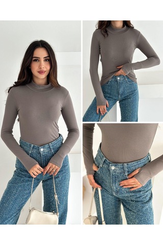 Kadın Yarım Balıkçı Yaka Parmak Geçmeli Full Likralı Buzz Body Vizon