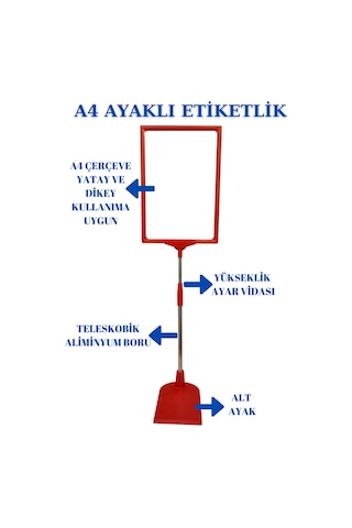 3 Adet Kırmızı A4 Ayaklı Sepet Etiketi Çerçeveli Etiketlik Kırmızı