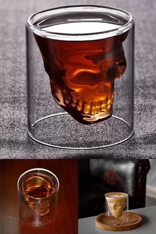 3'lü Kuru Kafa Tasarımlı Çift Cidarlı Cam Bardak Kahve Sunum Bar