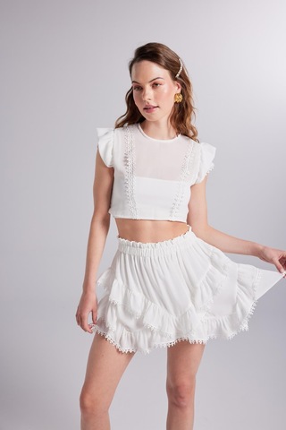 Holly Lolly Brode Detaylı Crop Pixie Bluz Beyaz