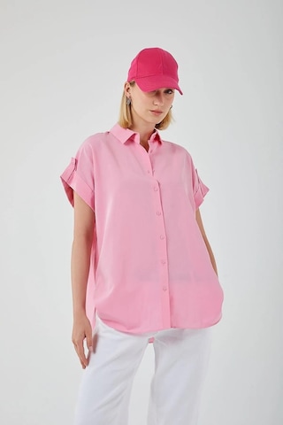 Mixray 3967 Kadın Apoletli Kısa Kol Oversize Gömlek Şeker Pembe