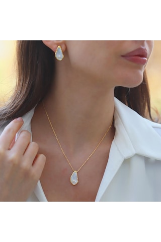 İstiridye İncili Damla Gold Gümüş Set Gümüş