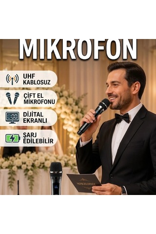 Yeni Nesil Uhf Kablosuz Çift El Mikrofonu Seti Dijital Ekranlı Şarj Edilebilir