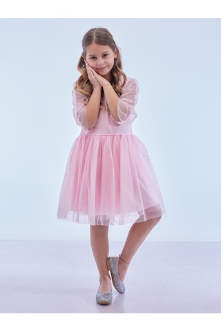 Ahengim Kız Çocuk Yıldız Baskılı Trend Tül Elbise Ak2246 Pembe