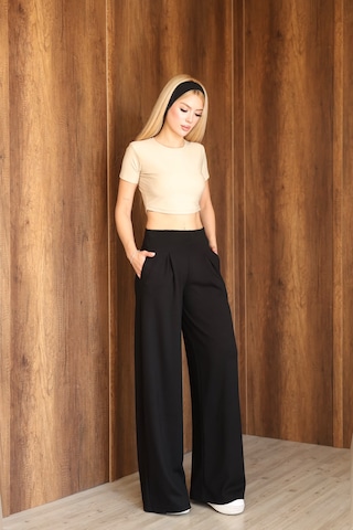 Ozy Fashion Kadın Modal Kumaş Yüksek Bel Pileli Geniş Paça Cepli Eşofman Altı Siyah